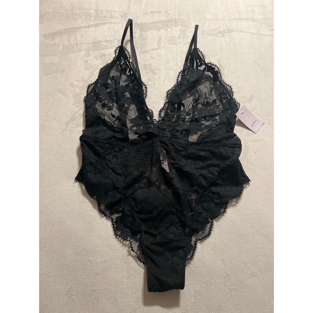 Auden Womens Black Floral Lace Bodysuit Teddy Sheer V-Neck P6610E Medium NWT - Picture 7 of 10